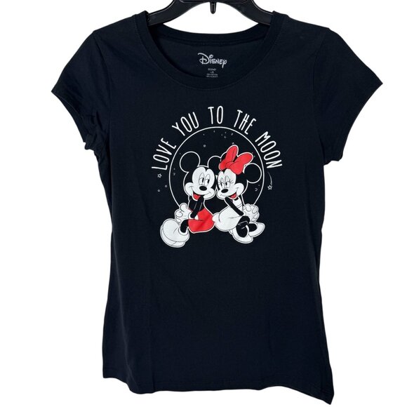 Disney Black Mickey Minnie Graphic T Shirt Juniors Large Casual Love Valentine - Picture 1 of 7